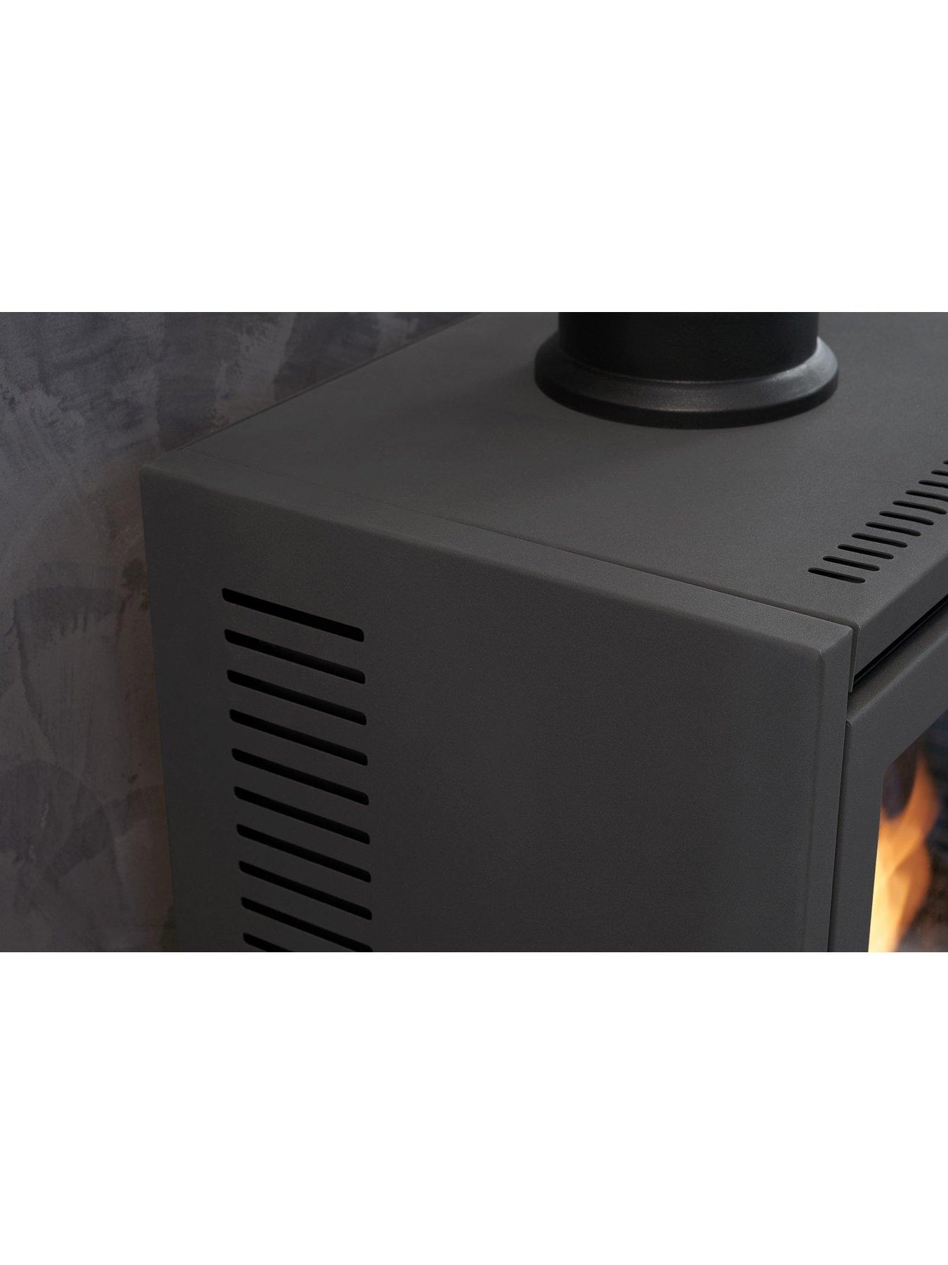  image of oko-s1-bio-ethanol-stove-with-log-storage-in-charcoal-grey-angled-stove-pipe