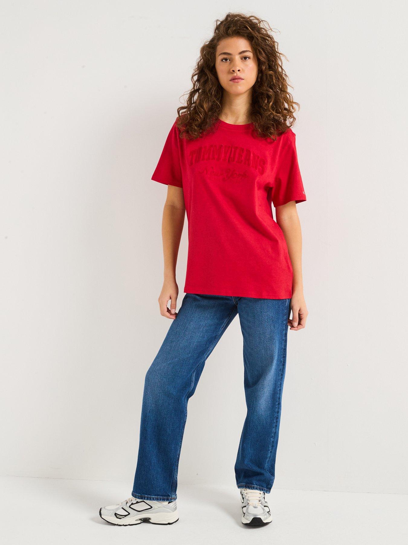  image of tommy-jeans-varisty-logo-oversized-t-shirt-red