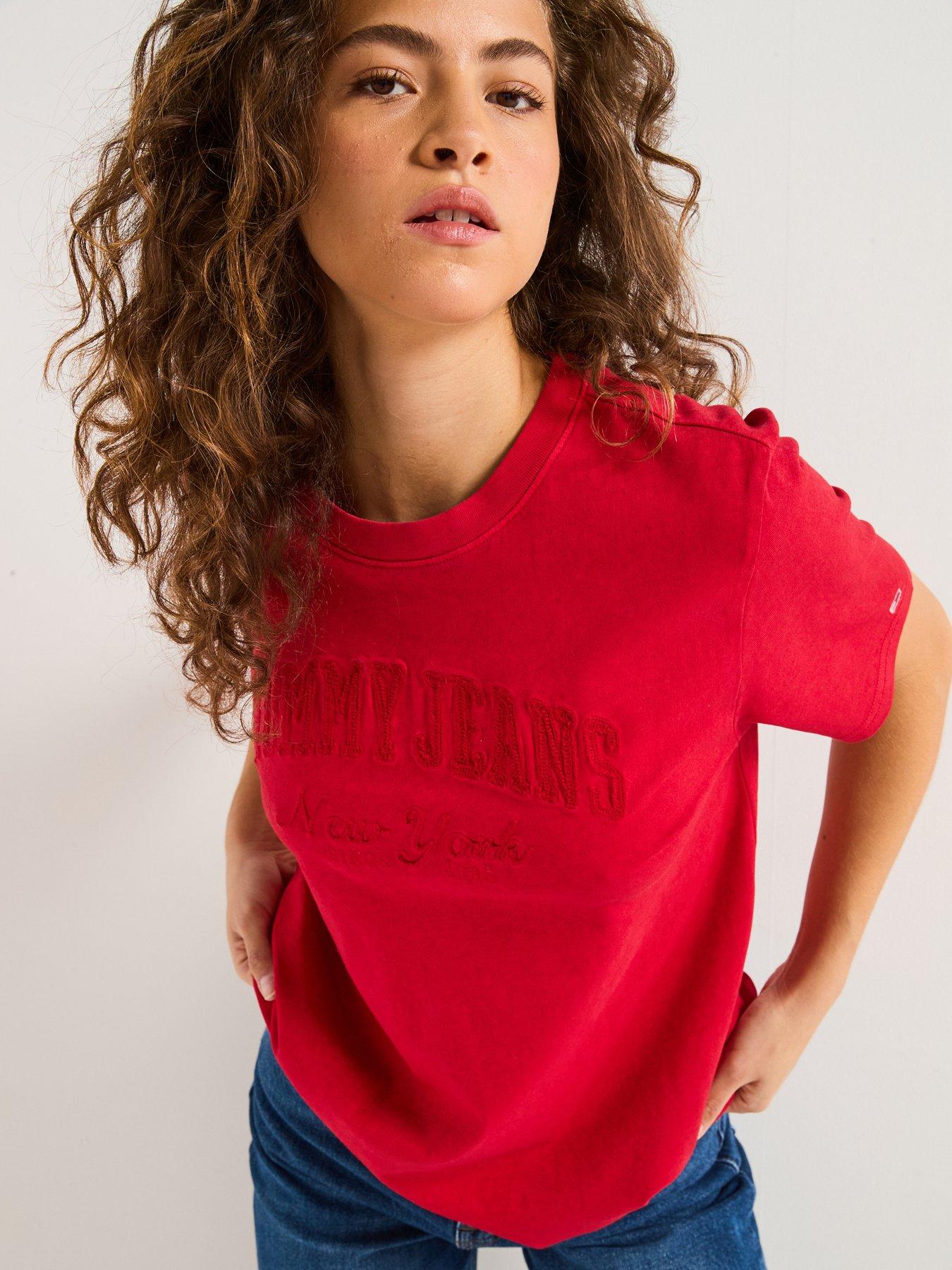  image of tommy-jeans-varisty-logo-oversized-t-shirt-red