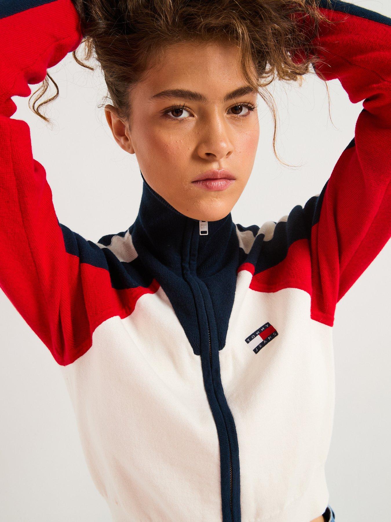  image of tommy-jeans-colourblock-zip-front-cardigan-white