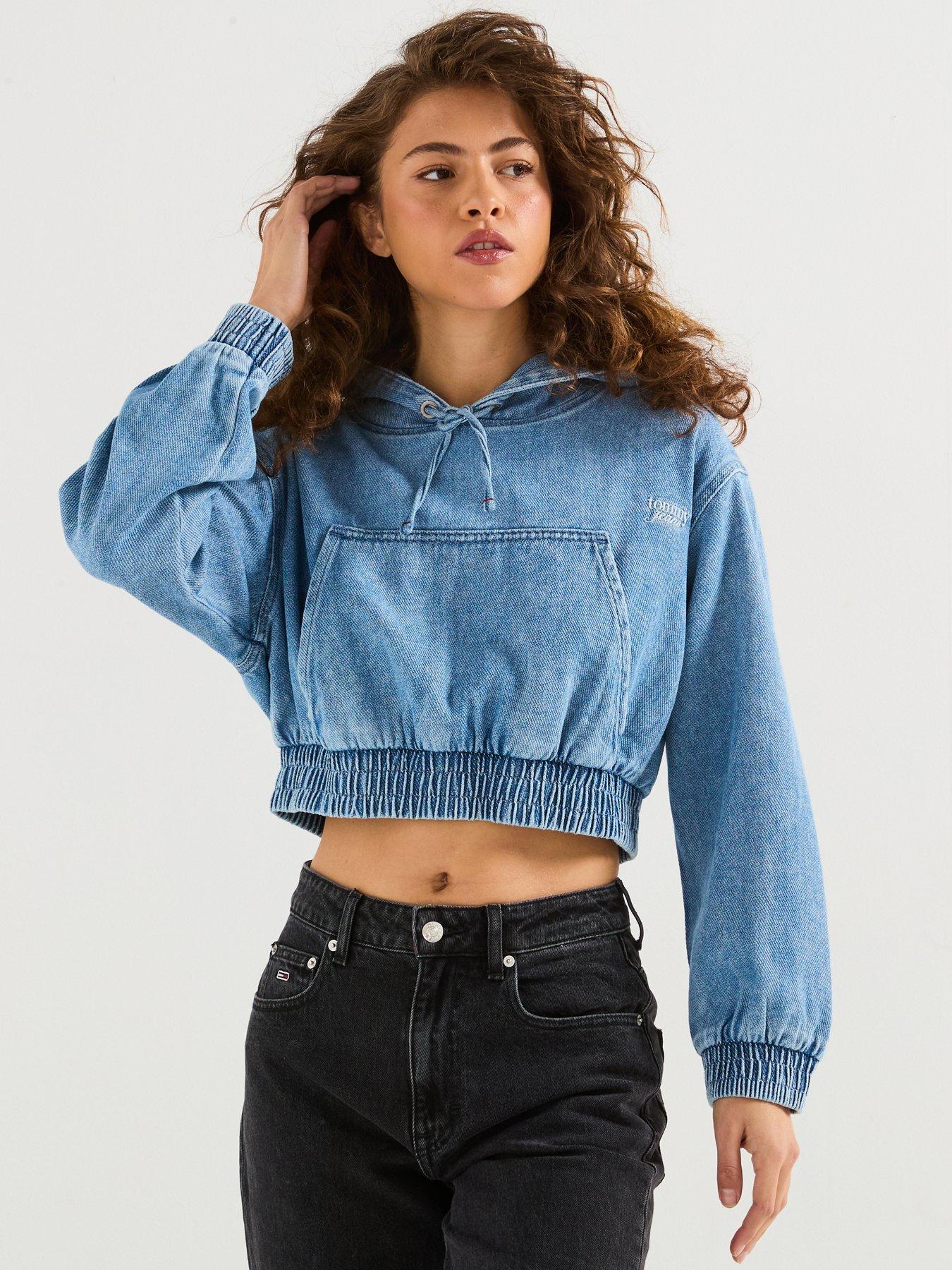 image of tommy-jeans-denim-cropped-hoodie-blue