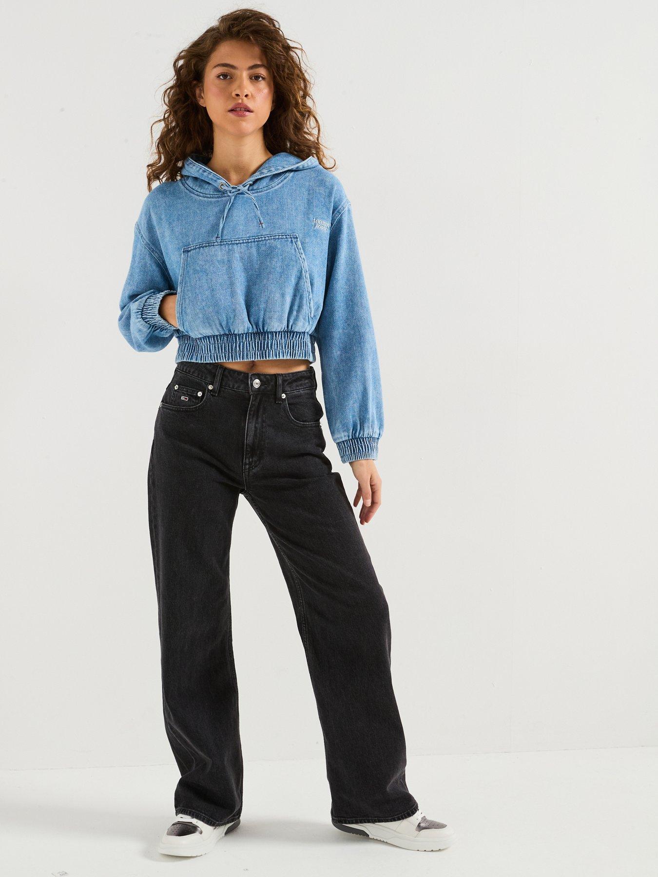 image of tommy-jeans-denim-cropped-hoodie-blue