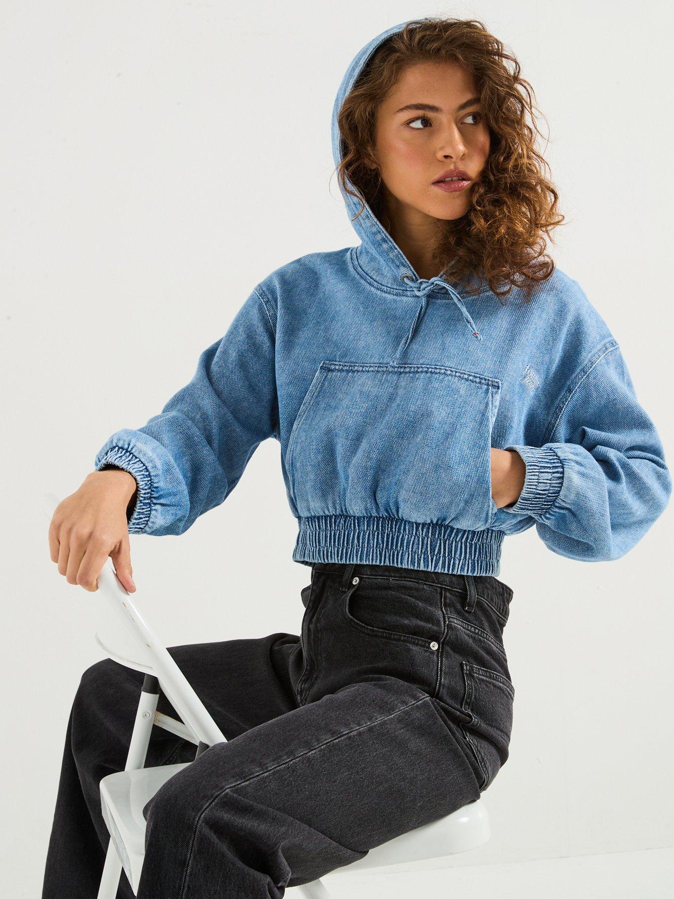  image of tommy-jeans-denim-cropped-hoodie-blue