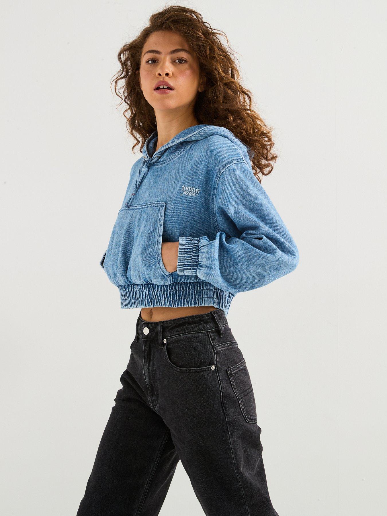 image of tommy-jeans-denim-cropped-hoodie-blue