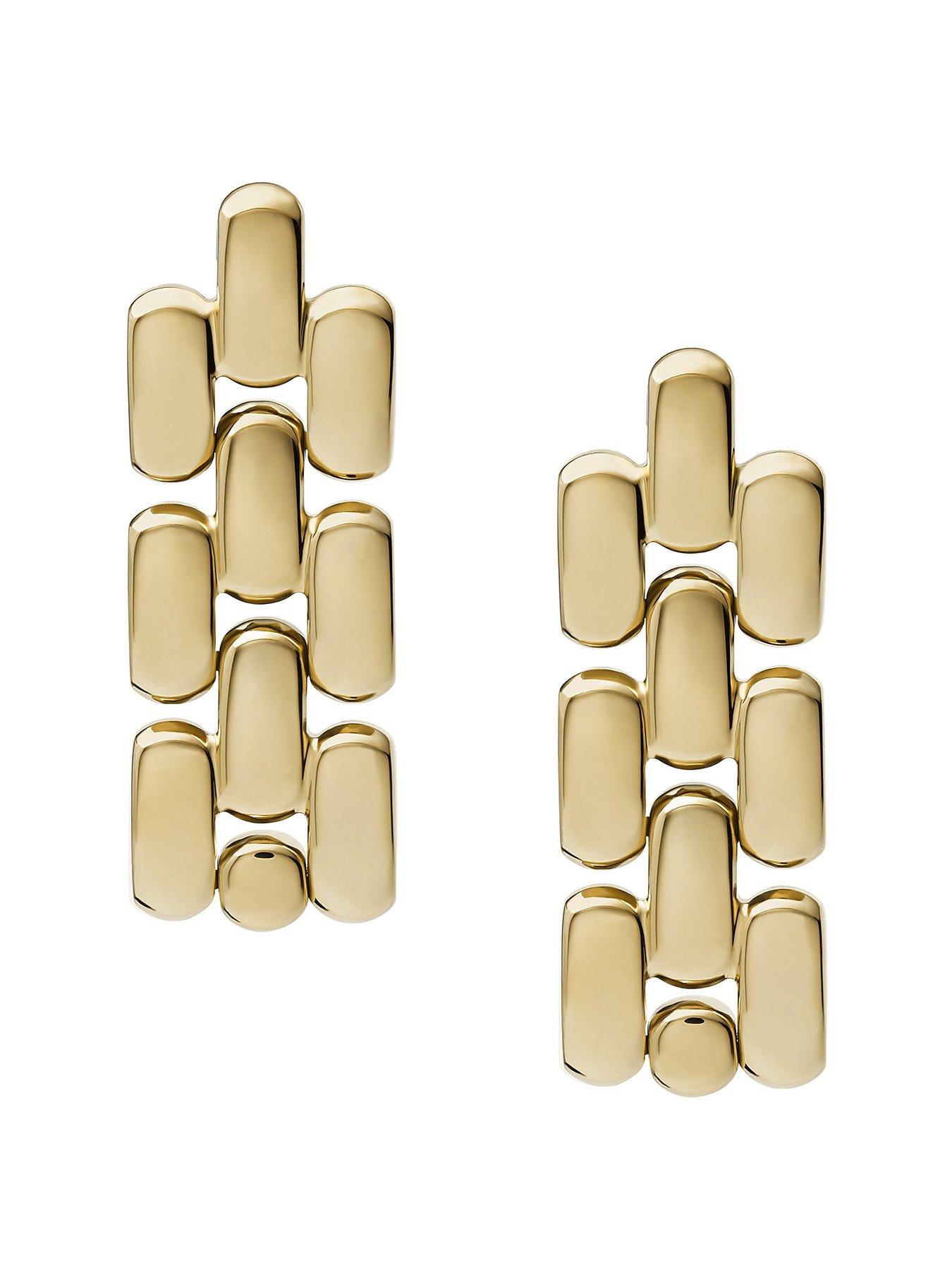  image of fossil-womens-arden-watch-links-gold-tone-stainless-steel-drop-earrings