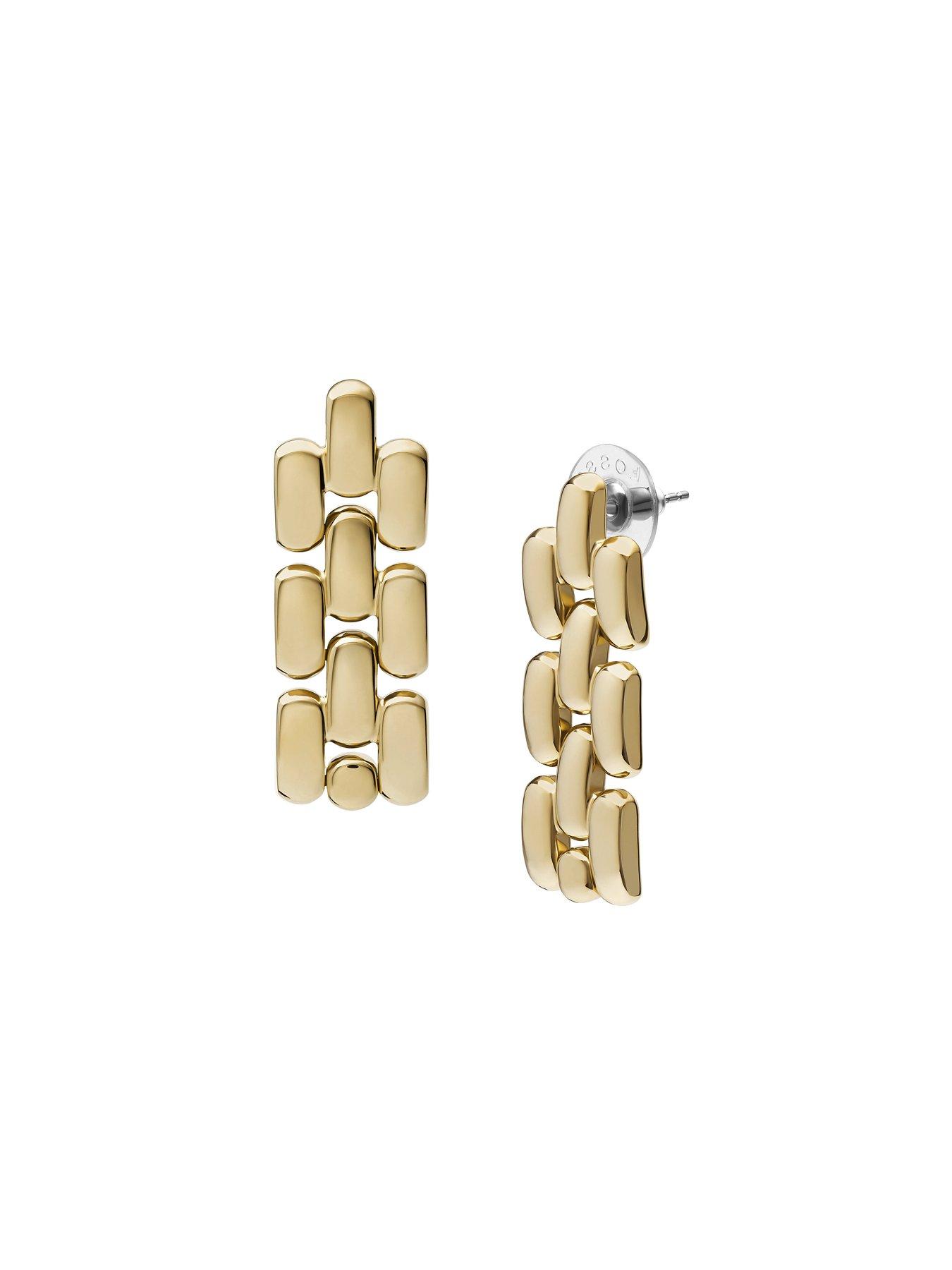  image of fossil-womens-arden-watch-links-gold-tone-stainless-steel-drop-earrings