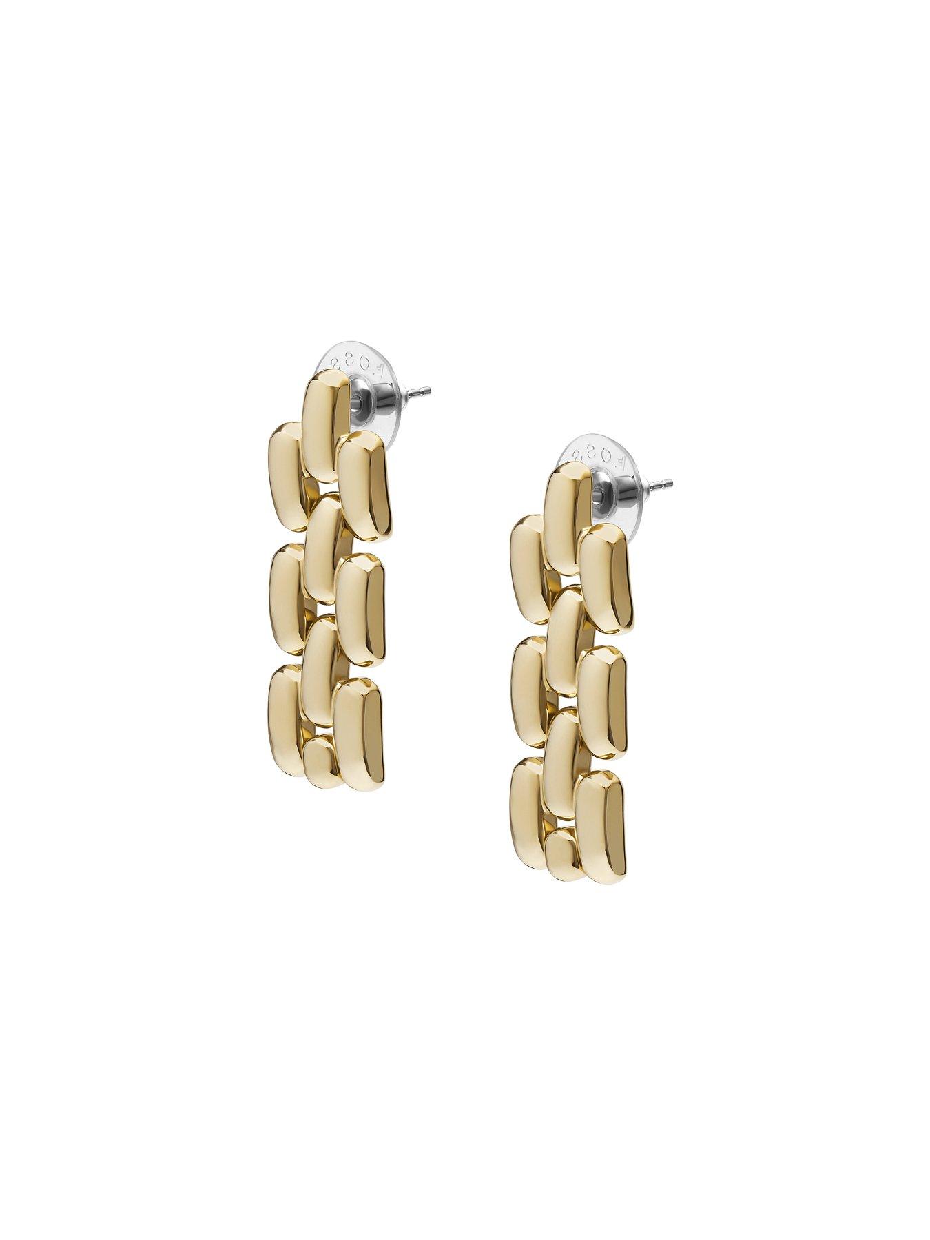  image of fossil-womens-arden-watch-links-gold-tone-stainless-steel-drop-earrings