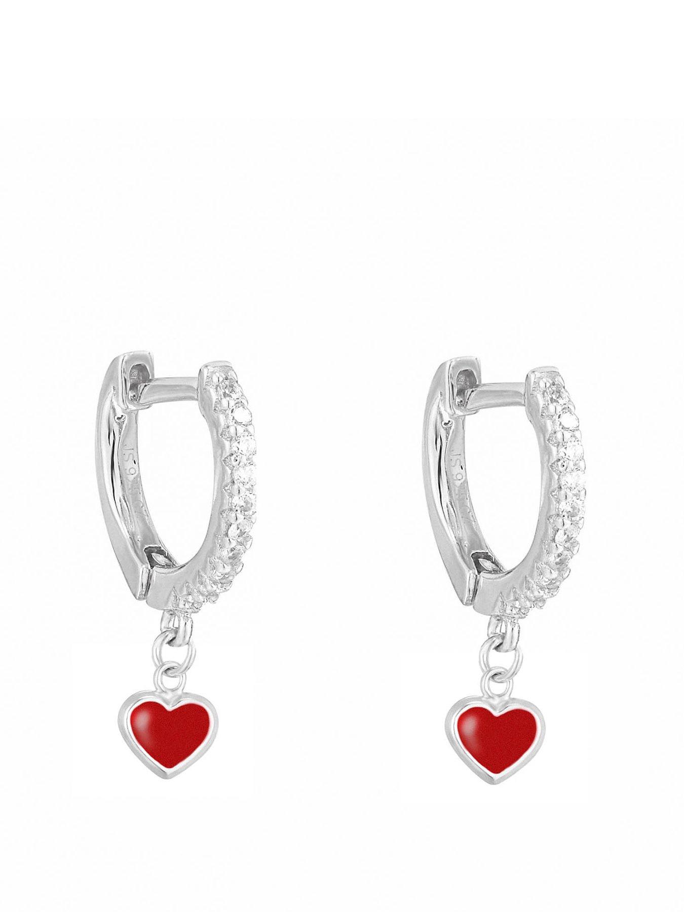 undefined Sterling Silver CZ huggie hoop with red enamel heart charm
