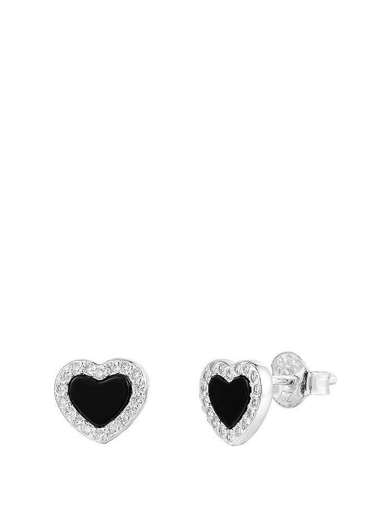 The Love Collection Sterling Silver Black & CZ Heart Stud Earrings