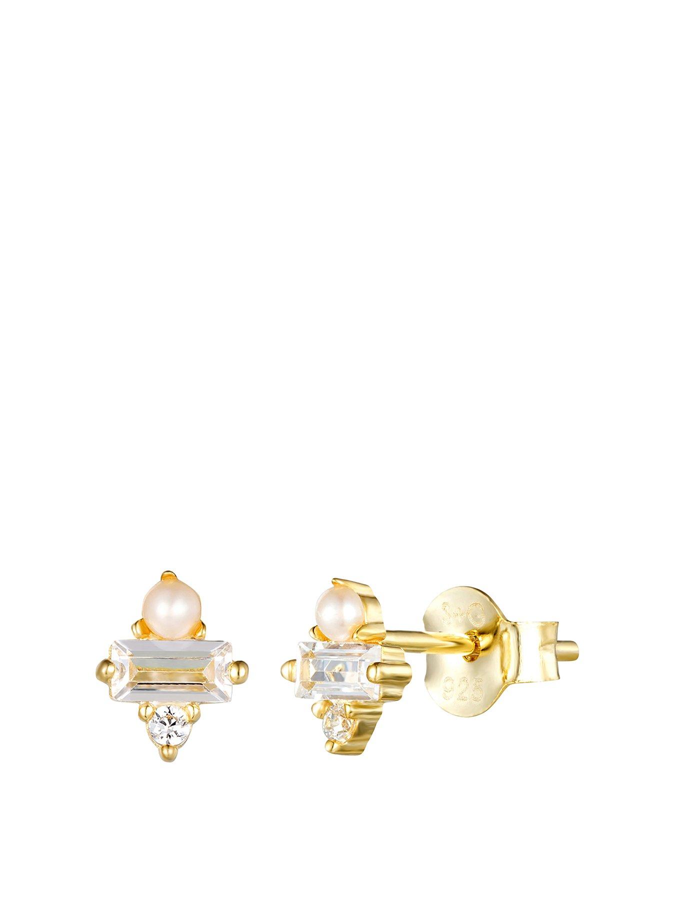  image of seol-gold-baguette-cz-pearl-stud-earrings
