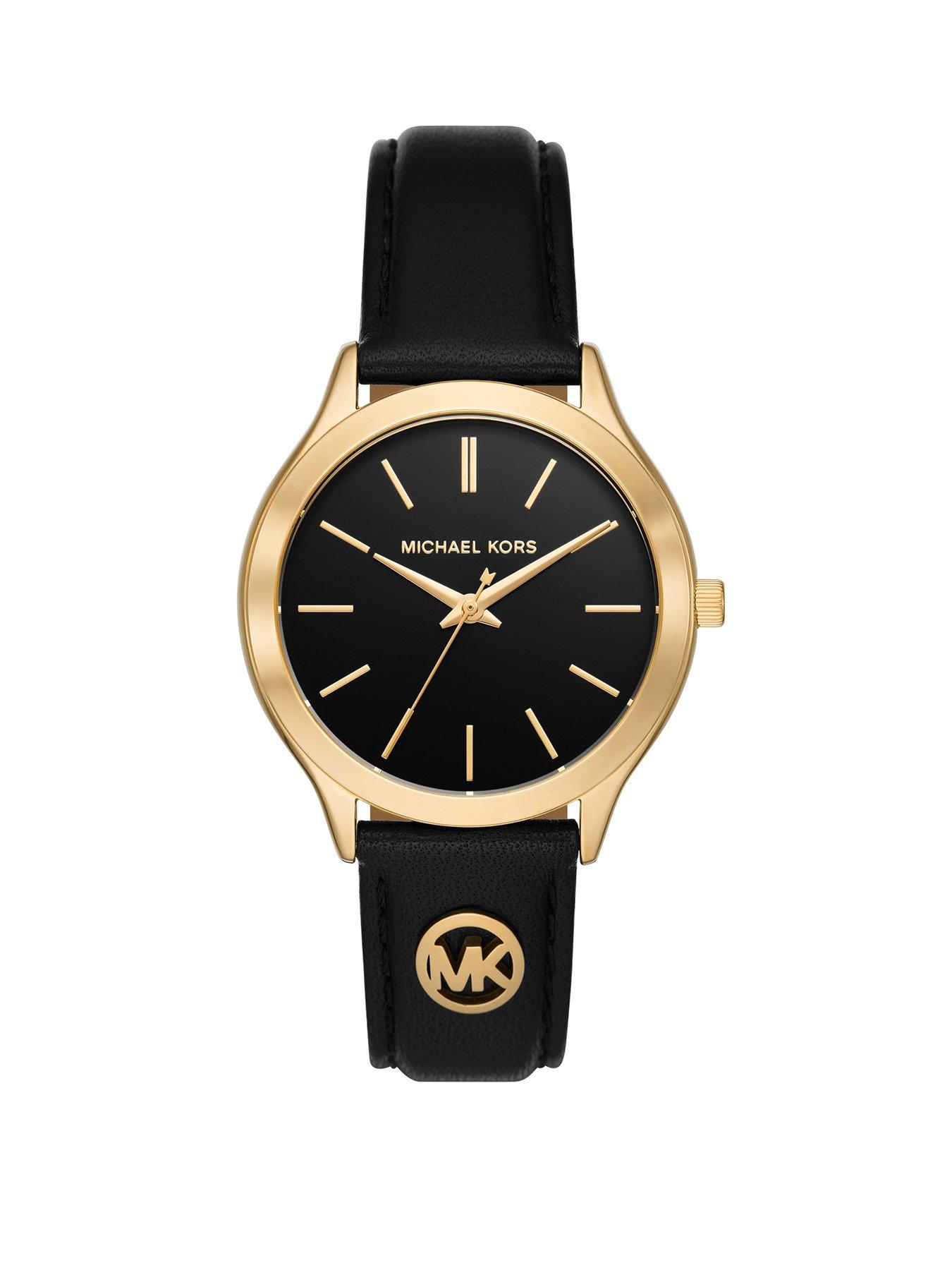  image of michael-kors-slim-runway-three-hand-black-leather-watch
