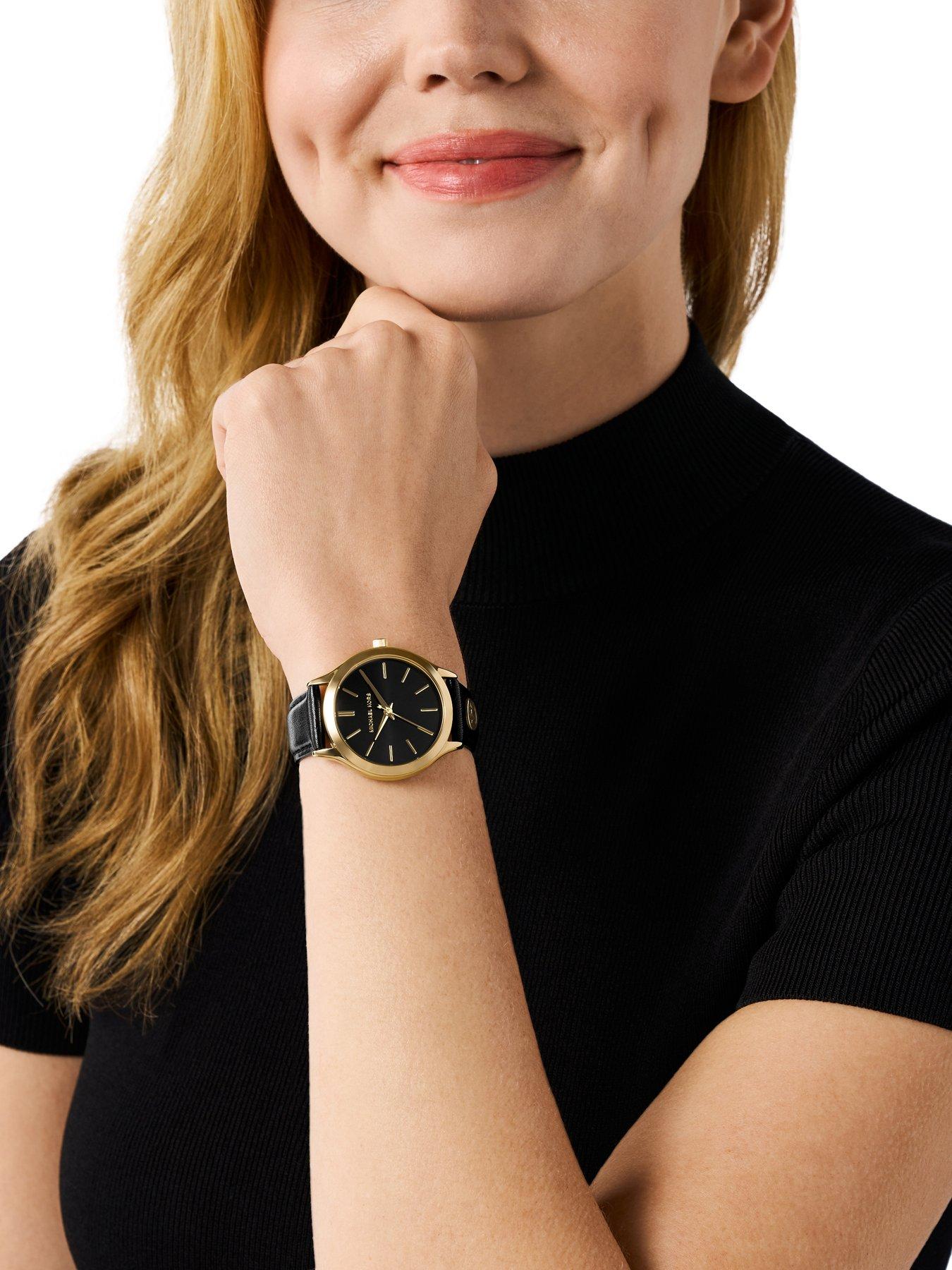  image of michael-kors-slim-runway-three-hand-black-leather-watch
