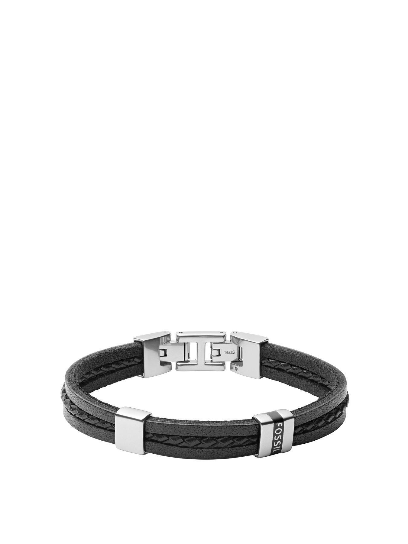  image of fossil-leather-essentials-black-leather-multi-strand-bracelet