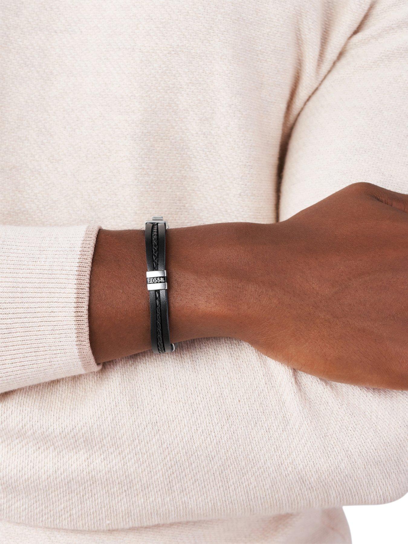  image of fossil-leather-essentials-black-leather-multi-strand-bracelet