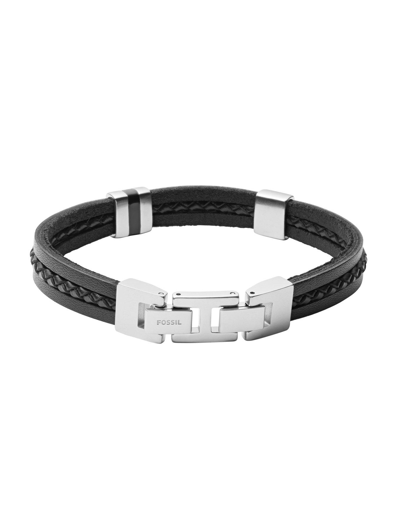  image of fossil-leather-essentials-black-leather-multi-strand-bracelet