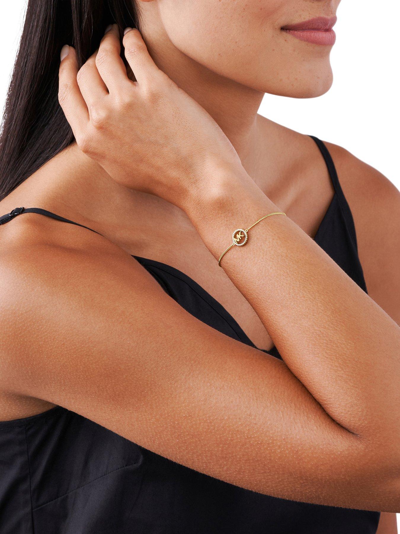  image of michael-kors-14k-gold-plated-sterling-silver-logo-slider-bracelet