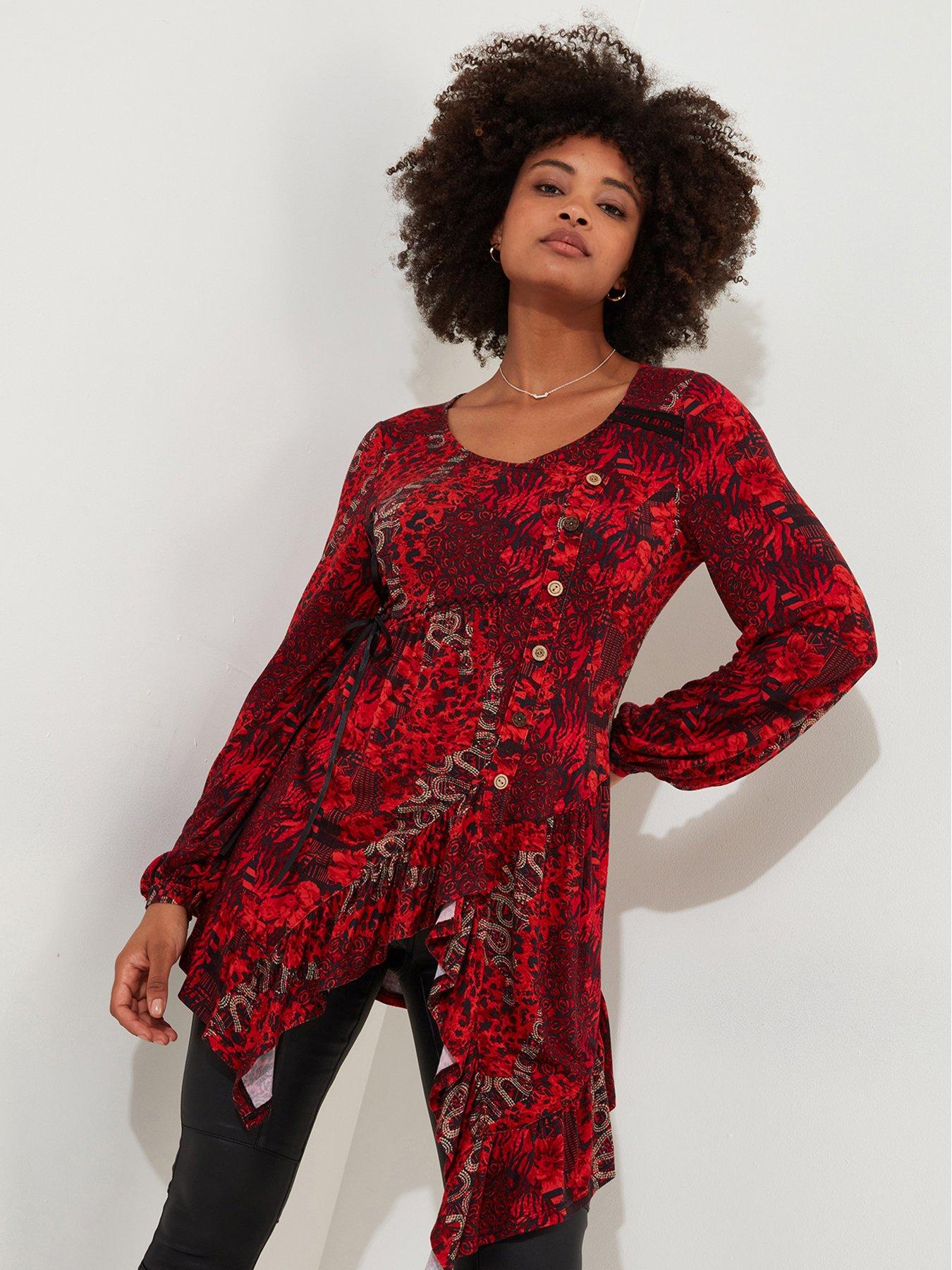 undefined Button Detail Jersey Tunic Top - Red