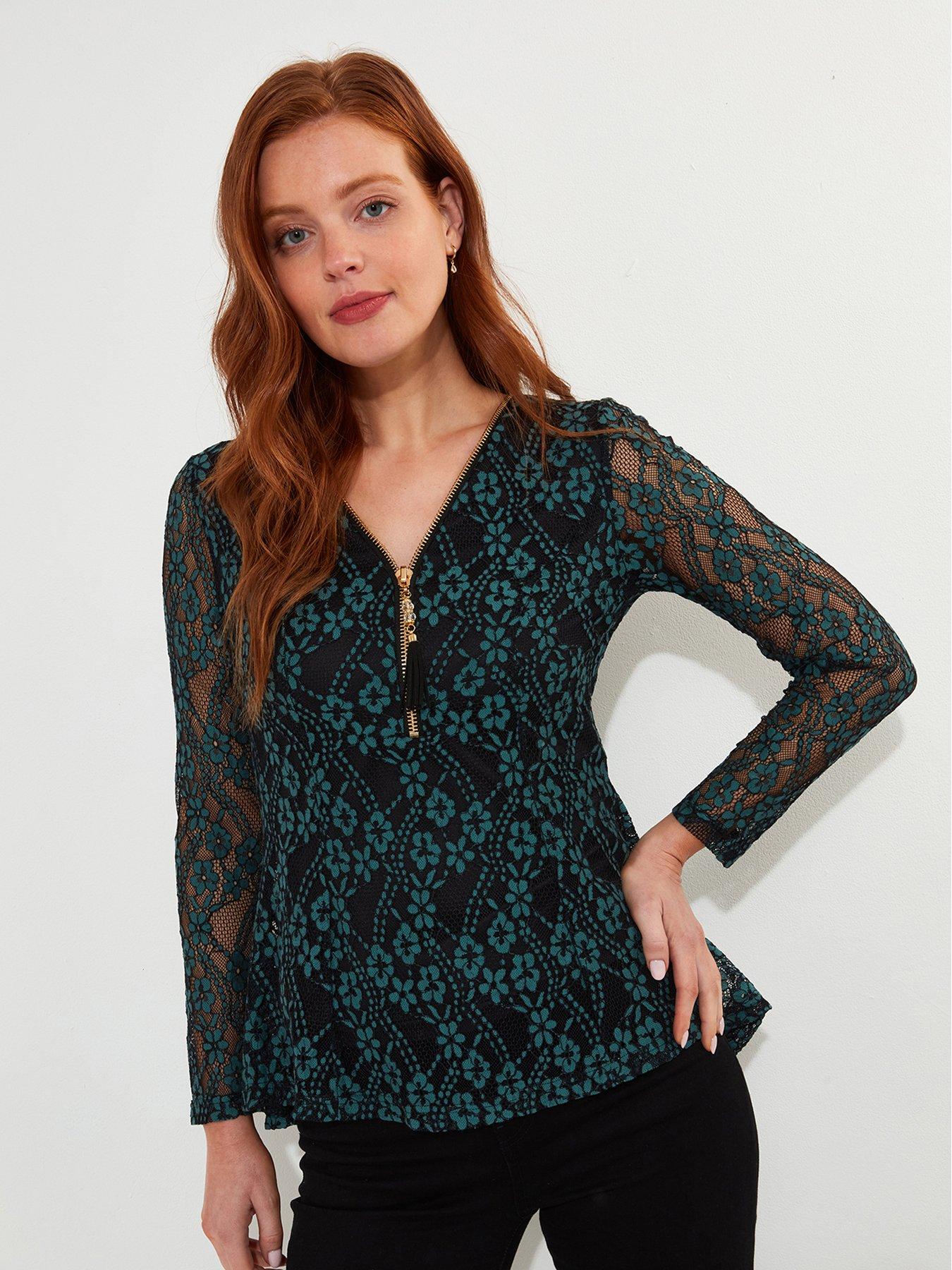 undefined Lace Zip Top - Green