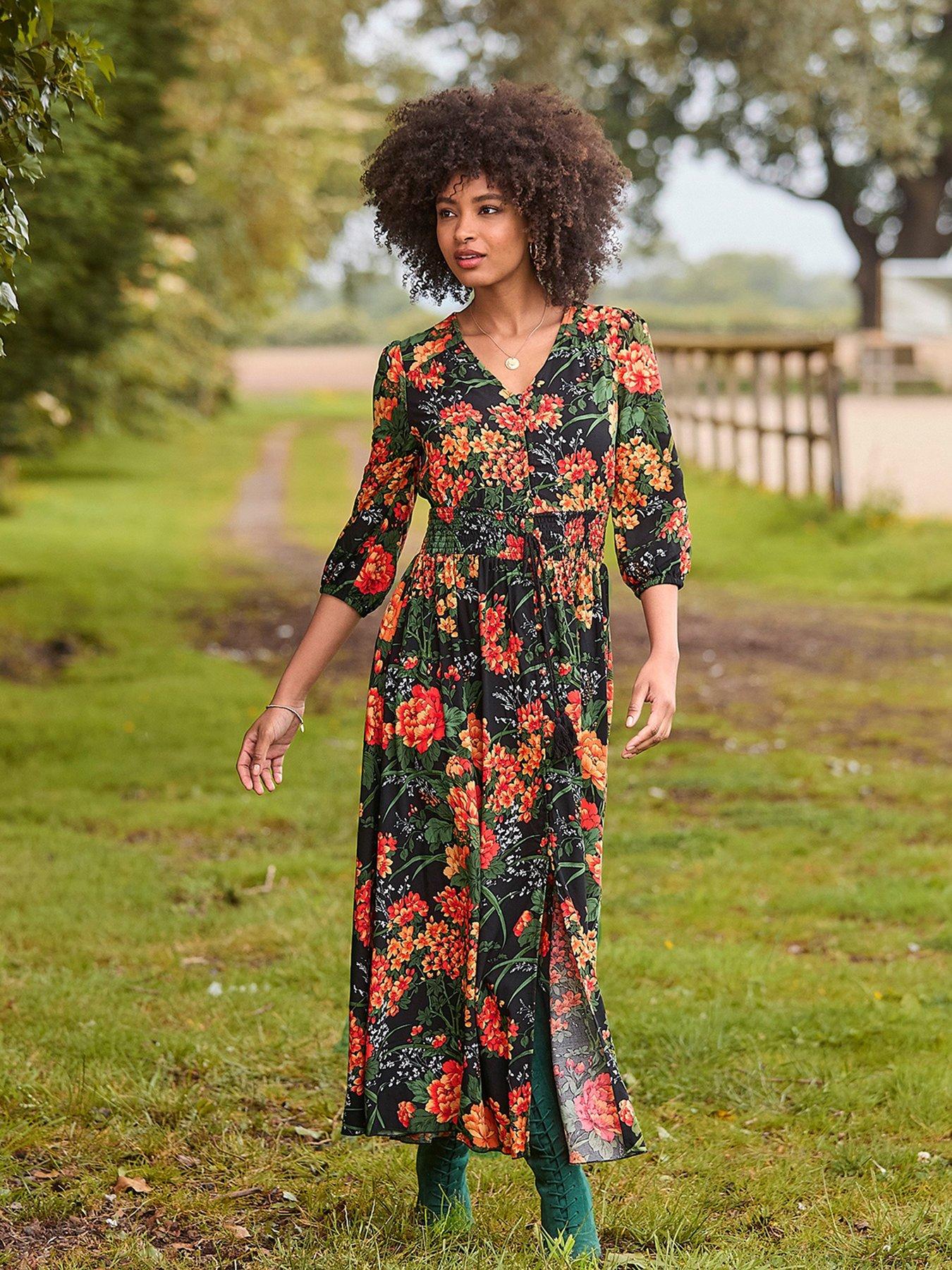 undefined Sienna Floral Midi Dress - Black