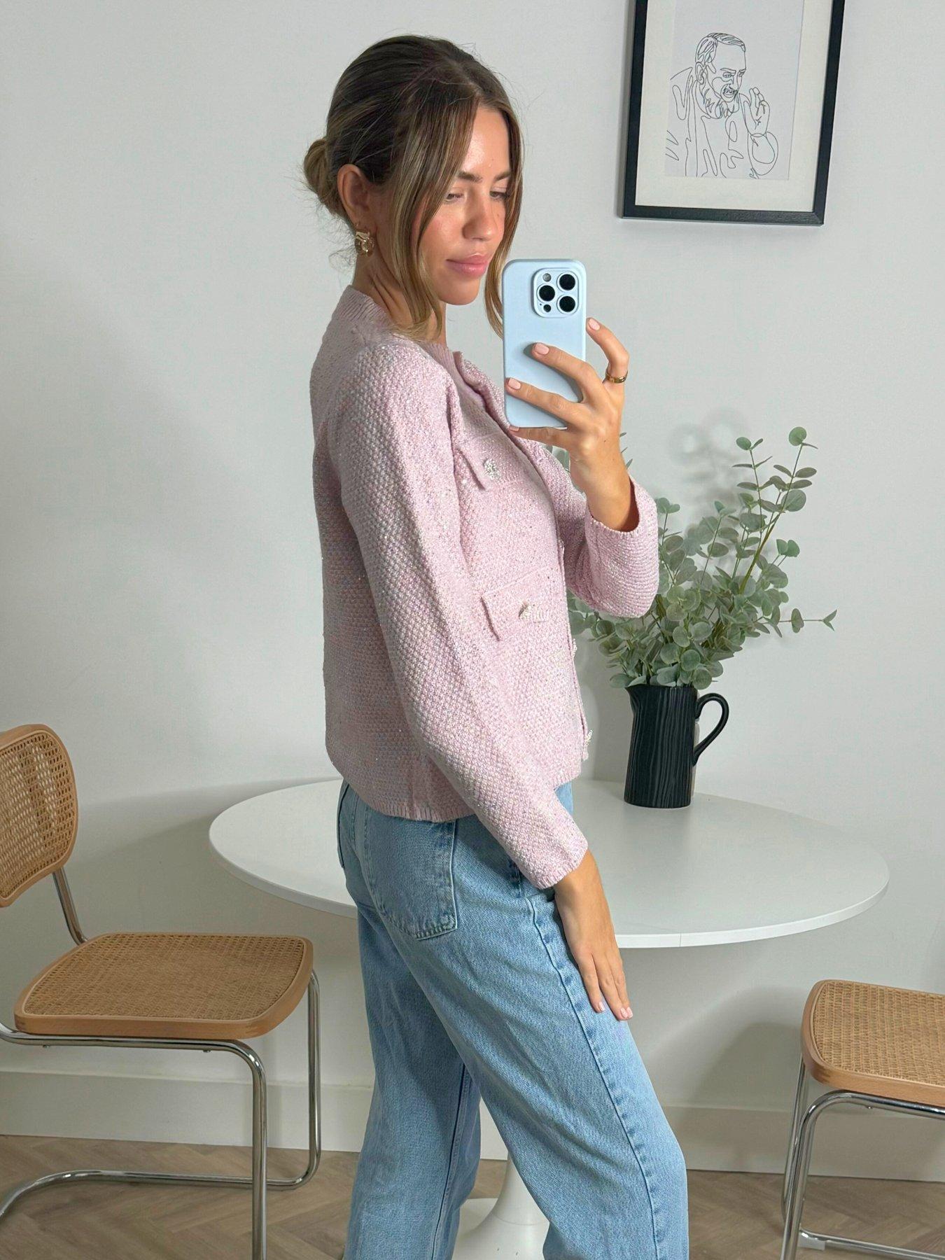 stillFront image of style-cheat-textured-knitted-cardigan-pink