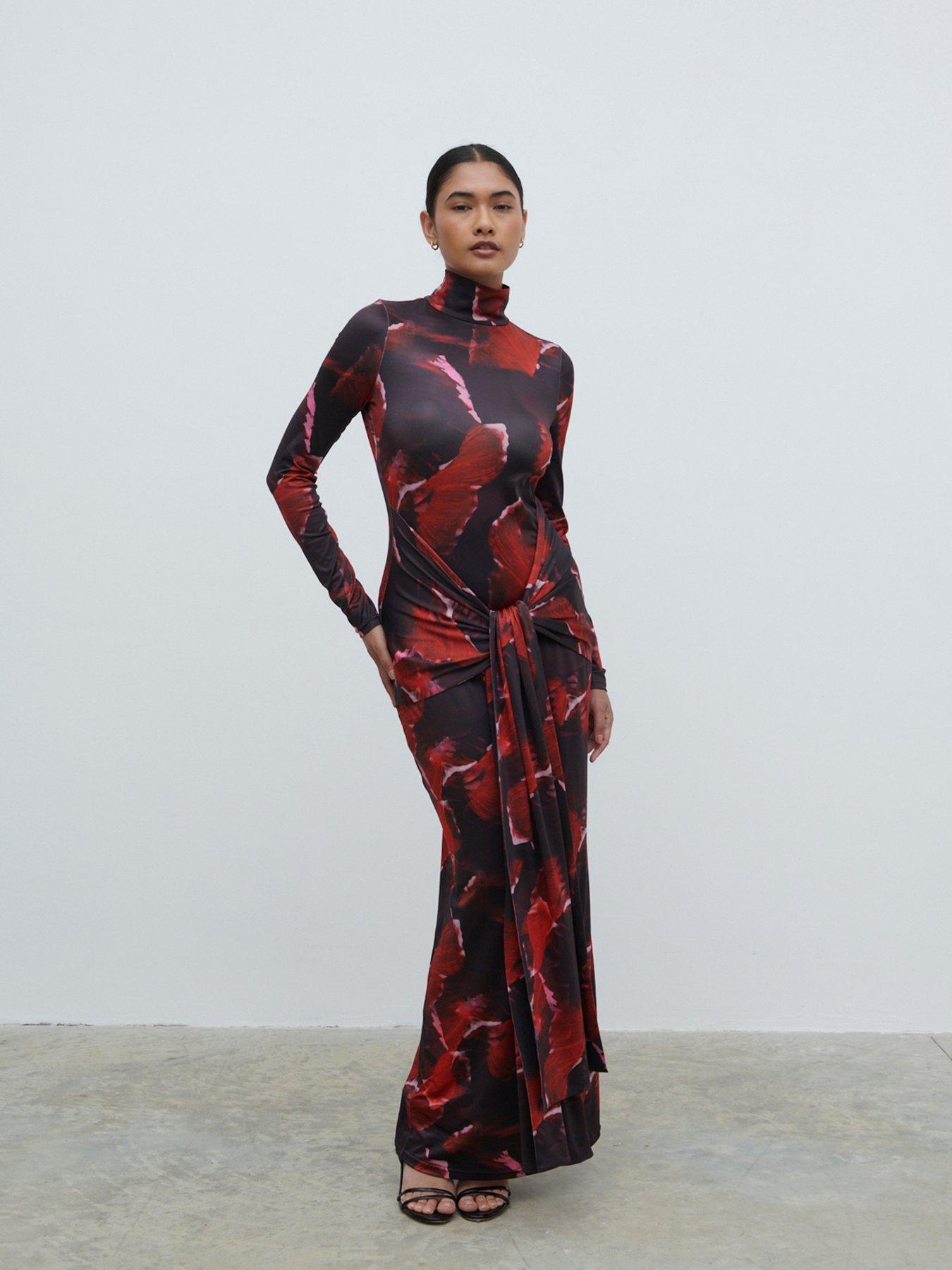 undefined Emiline Tie Waist Roll Neck Jersey Maxi Dress - Multi