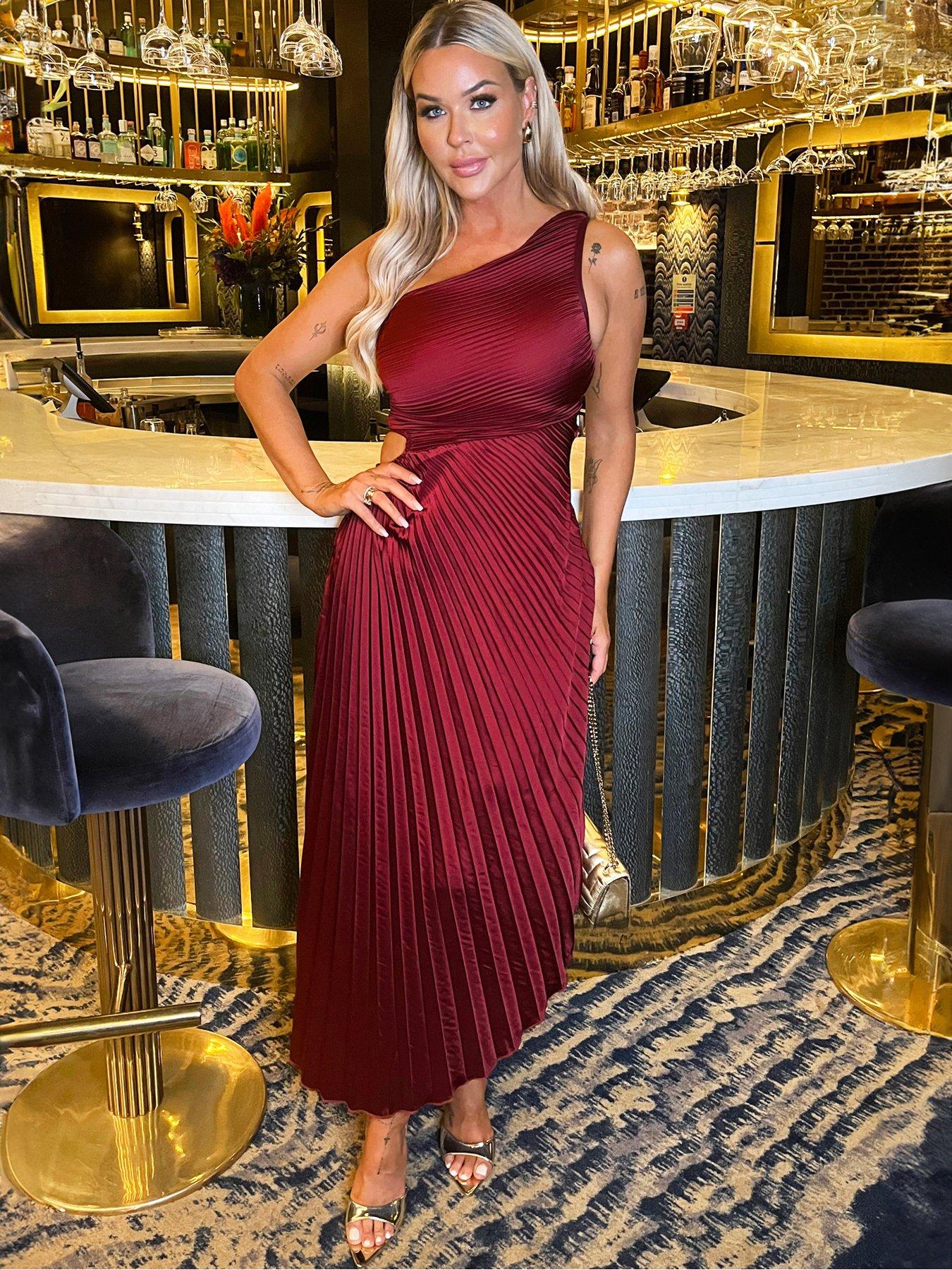  image of ax-paris-one-shoulder-pleated-satin-midi-dress-red