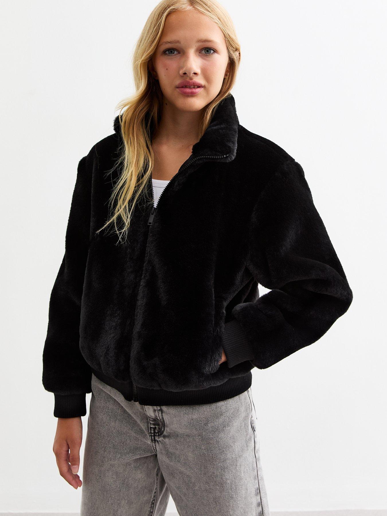 Girls Faux Fur Zip up Coat Black