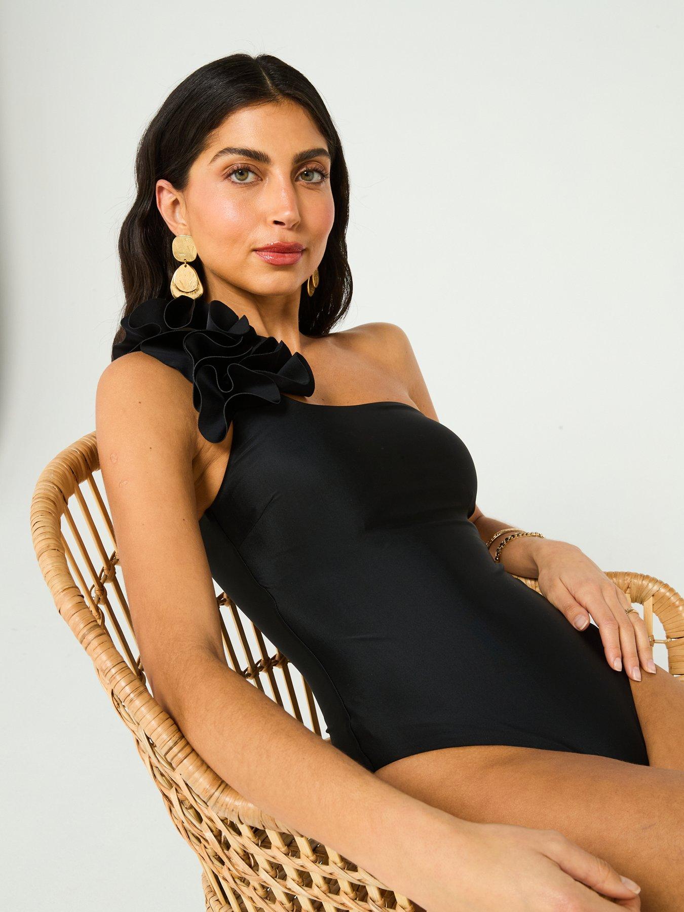  image of v-by-very-ruffle-one-shoulder-swimsuit-black