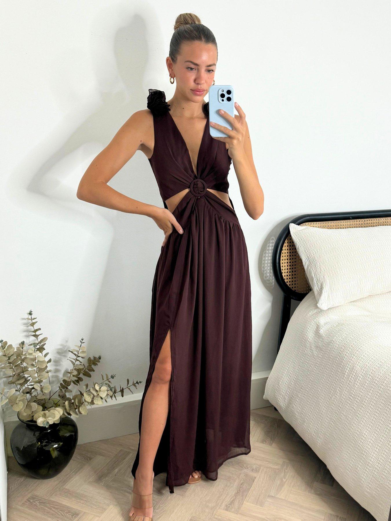 undefined Cut Out Ruffle Shoulder Maxi Dress - Brown