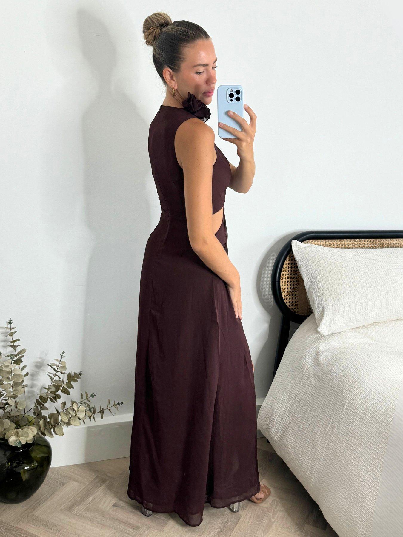Style Cheat Cut Out Ruffle Shoulder Maxi Dress - Brown | Littlewoods