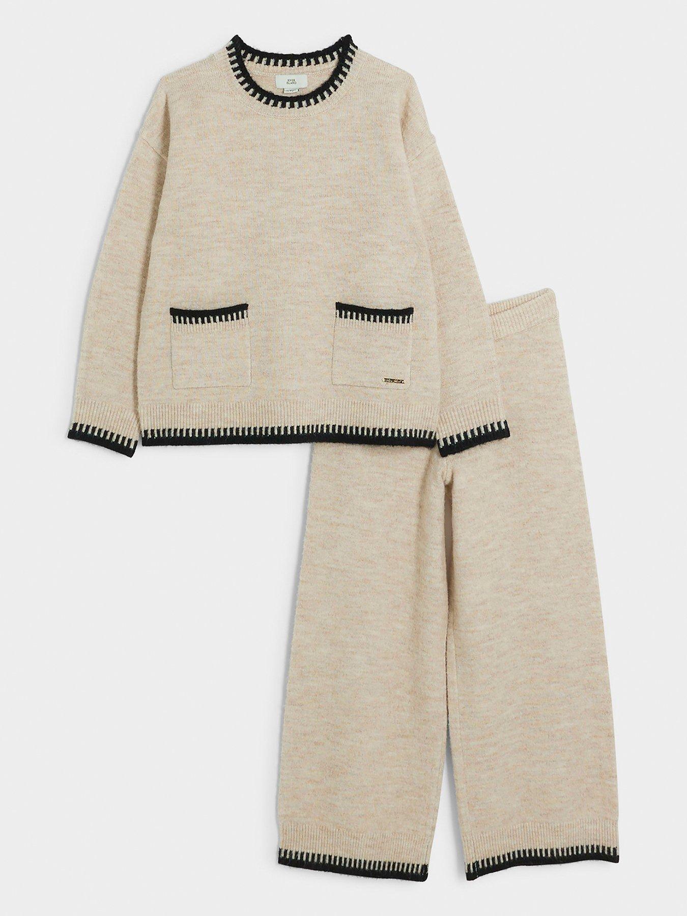 Older Girl Knit Whipstitch Jumper Set Beige