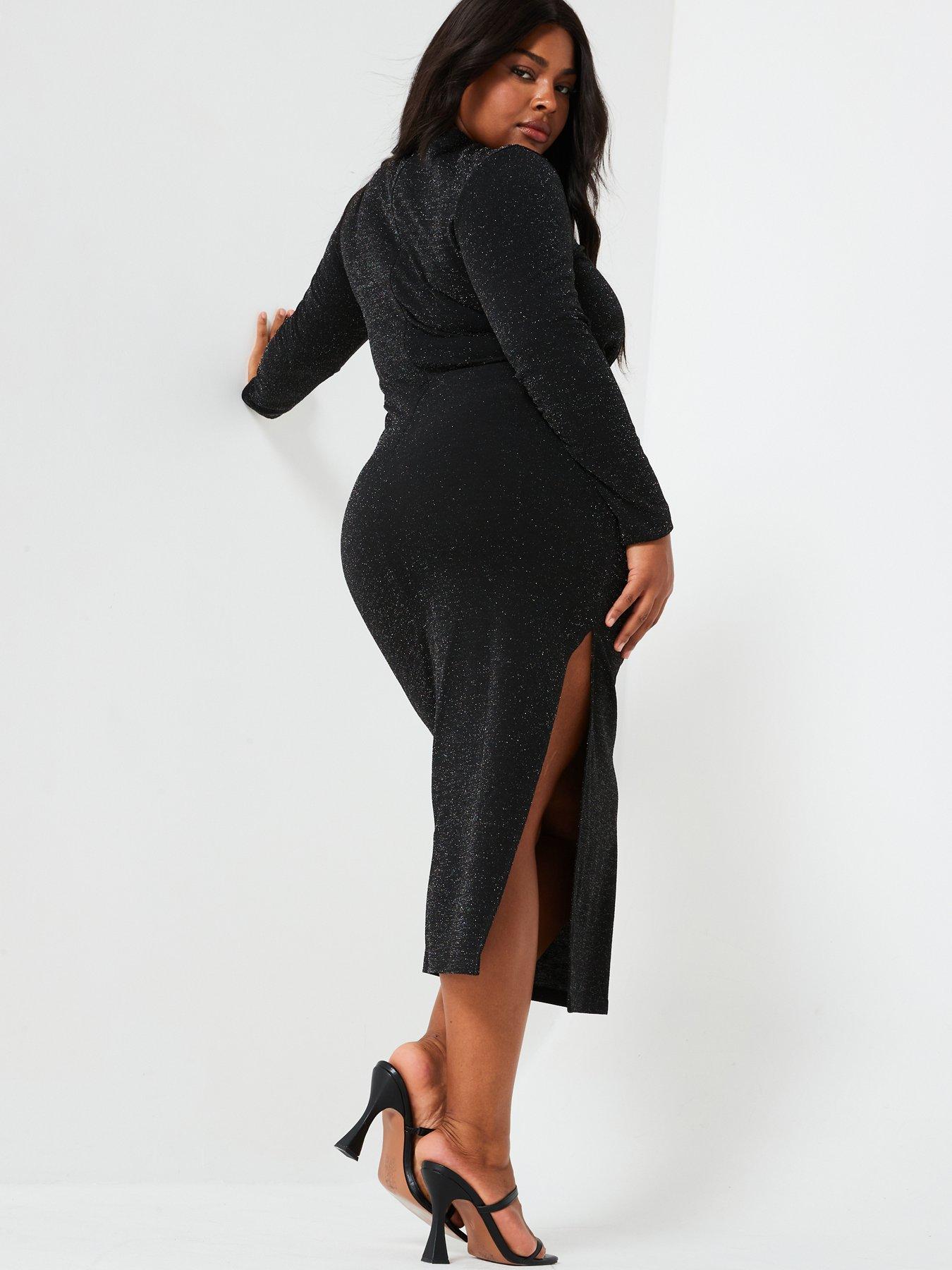 Glitter Deep V Neck Sexy Maxi Dress For Women Elegant Sparkle Long Sleeve Ruched Bodycon Split Club Party Sexy Dress main image 1
