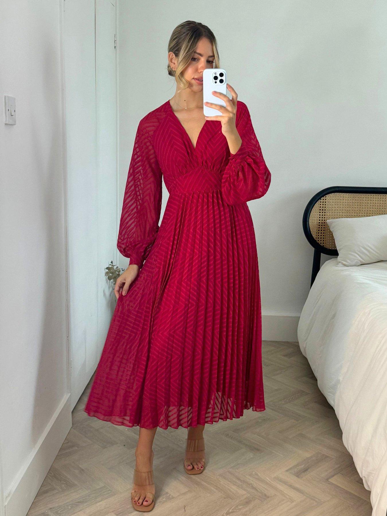 Style Cheat Long Sleeve V Neck Midi Dress - Red | Littlewoods