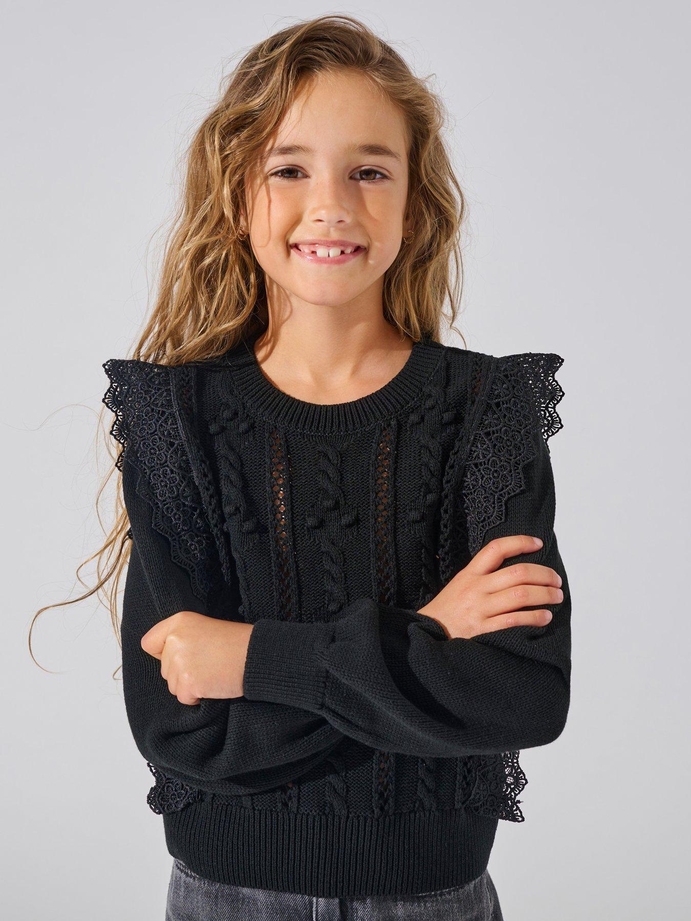 undefined Girls Lace Frill Knitted Jumper - Black