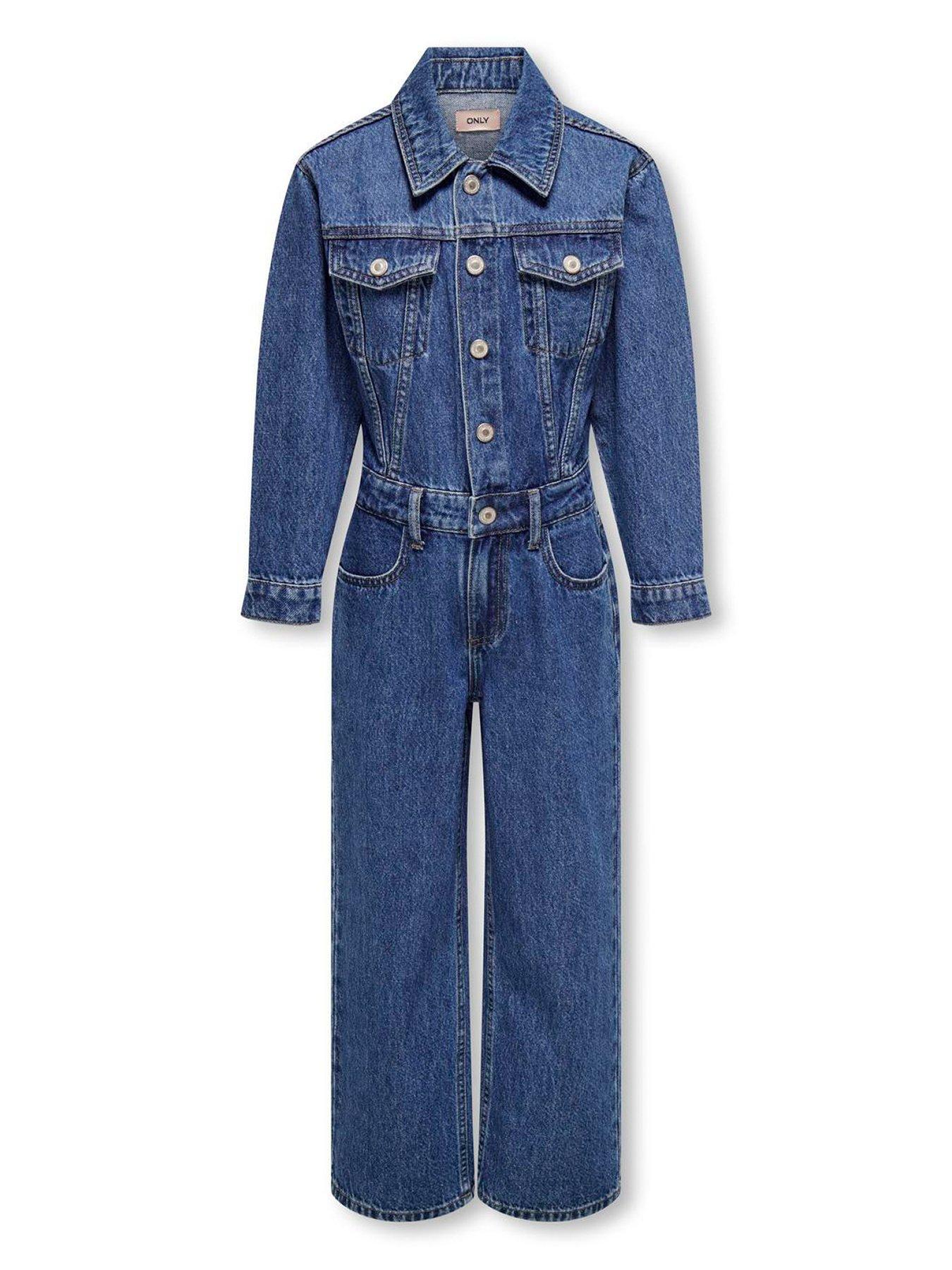 undefined Girls Denim Long Sleeve Jumpsuit - Medium Blue Denim