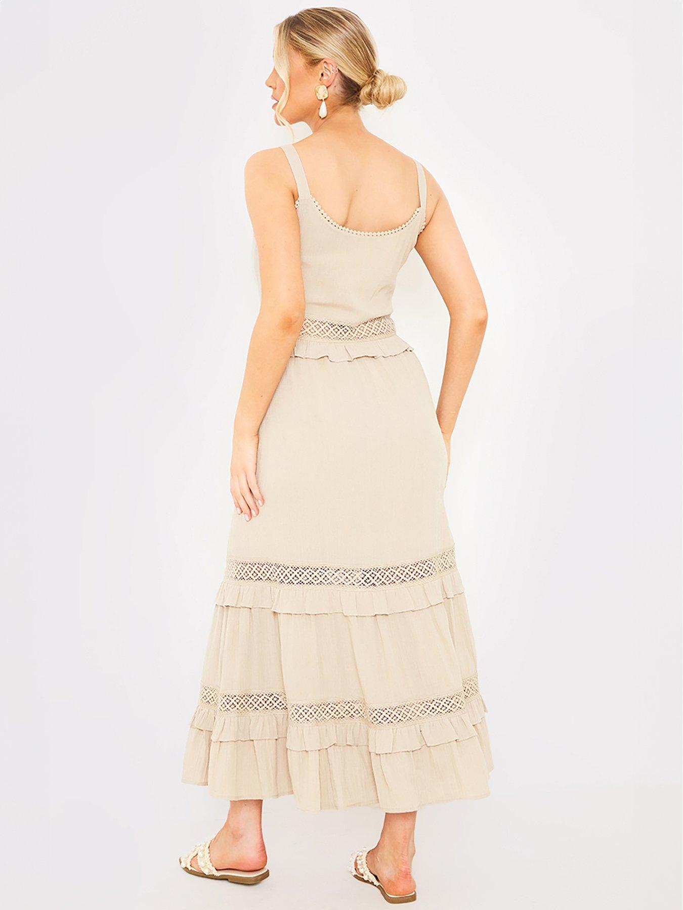 In The Style Hannah Brown Stone Lace Insert Frill Detail Midaxi Dress -  Beige | Littlewoods
