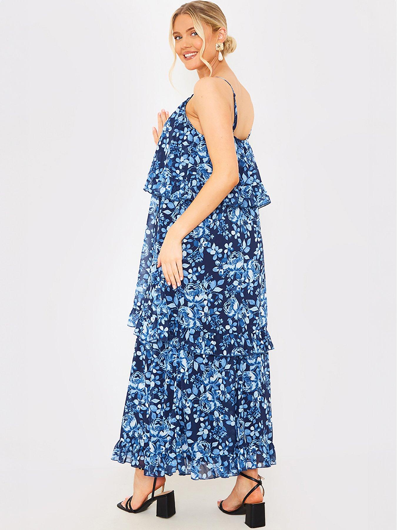  image of in-the-style-hannah-brown-floral-tiered-frill-detail-midaxi-dress-blue
