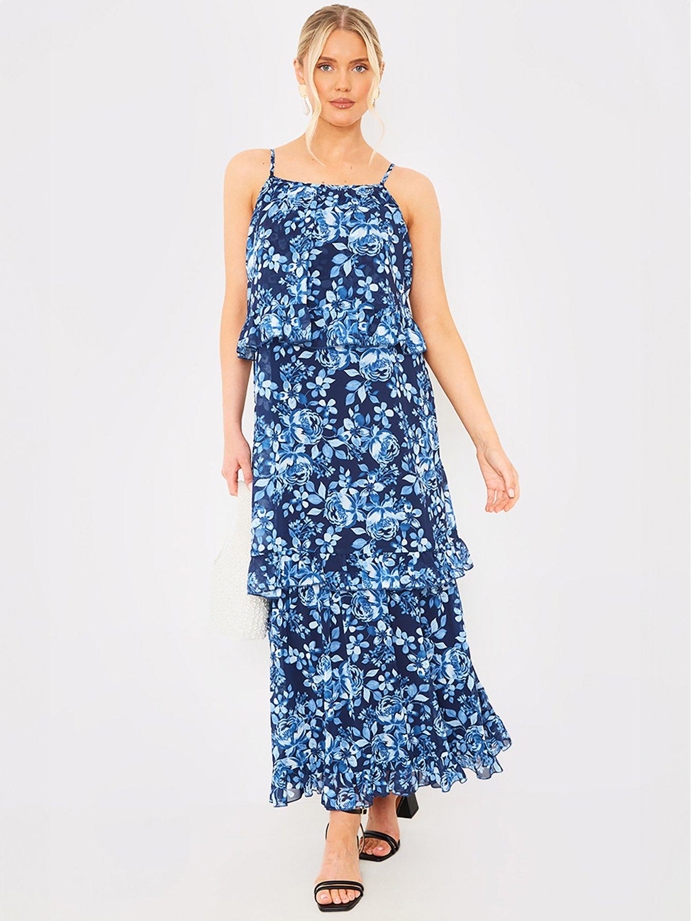  image of in-the-style-hannah-brown-floral-tiered-frill-detail-midaxi-dress-blue