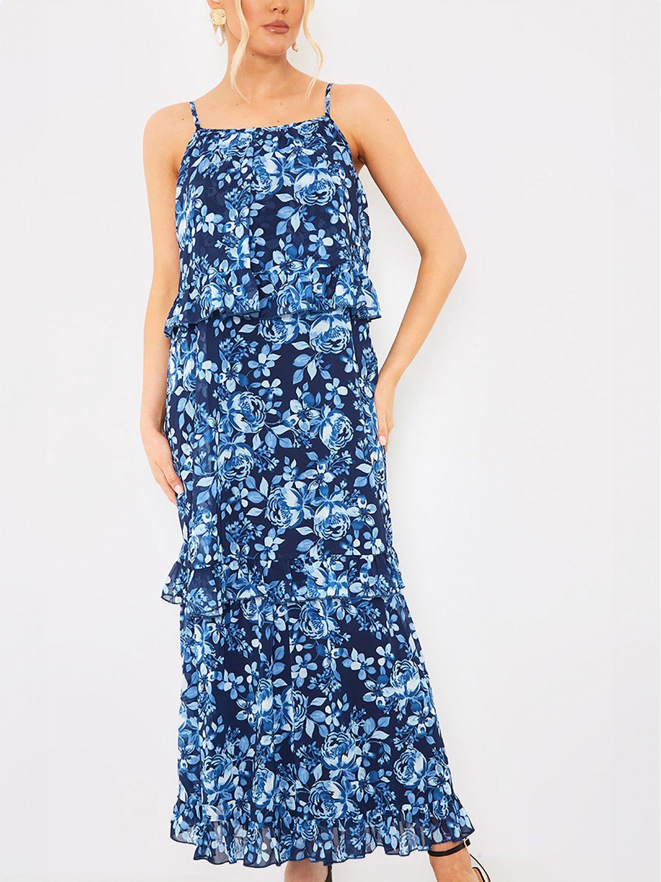  image of in-the-style-hannah-brown-floral-tiered-frill-detail-midaxi-dress-blue