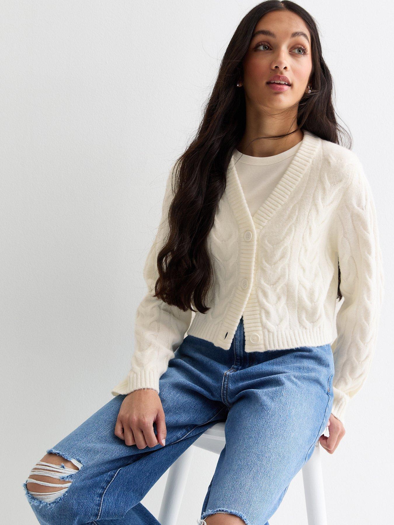 undefined Girls Cable Knit Button Up Cardigan - White