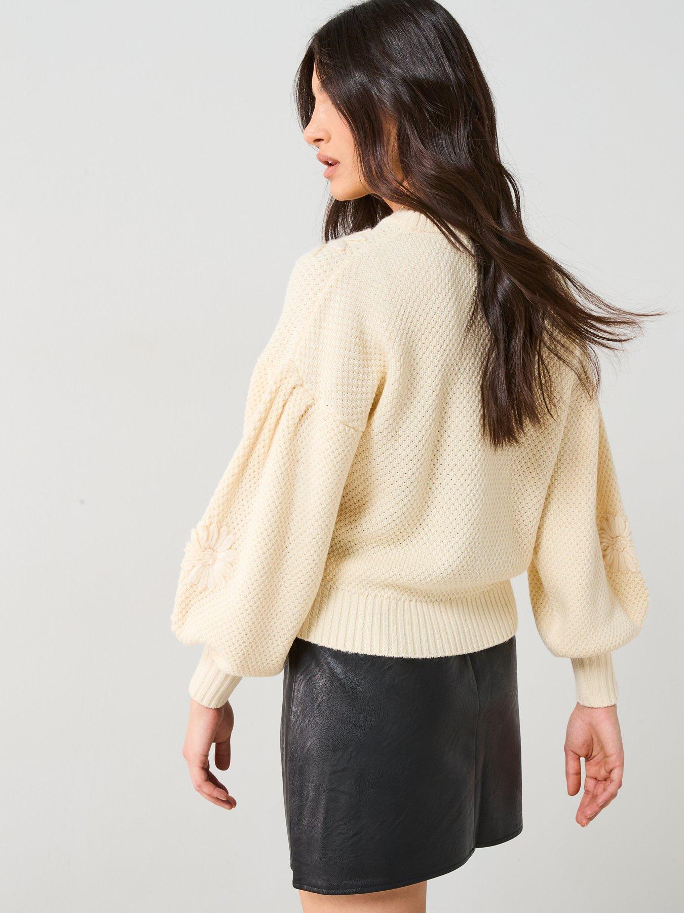  image of v-by-very-embroidered-flower-puff-sleeve-jumper-cream