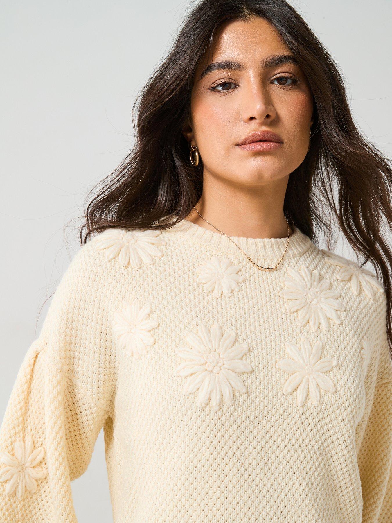  image of v-by-very-embroidered-flower-puff-sleeve-jumper-cream