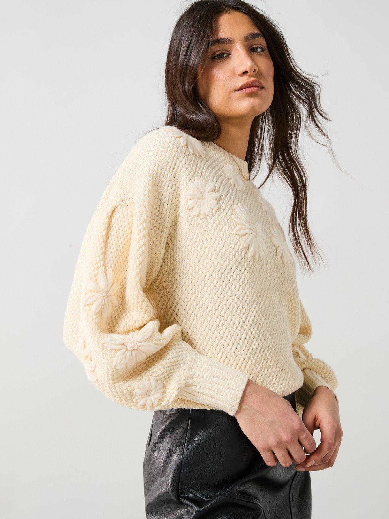 image of v-by-very-embroidered-flower-puff-sleeve-jumper-cream