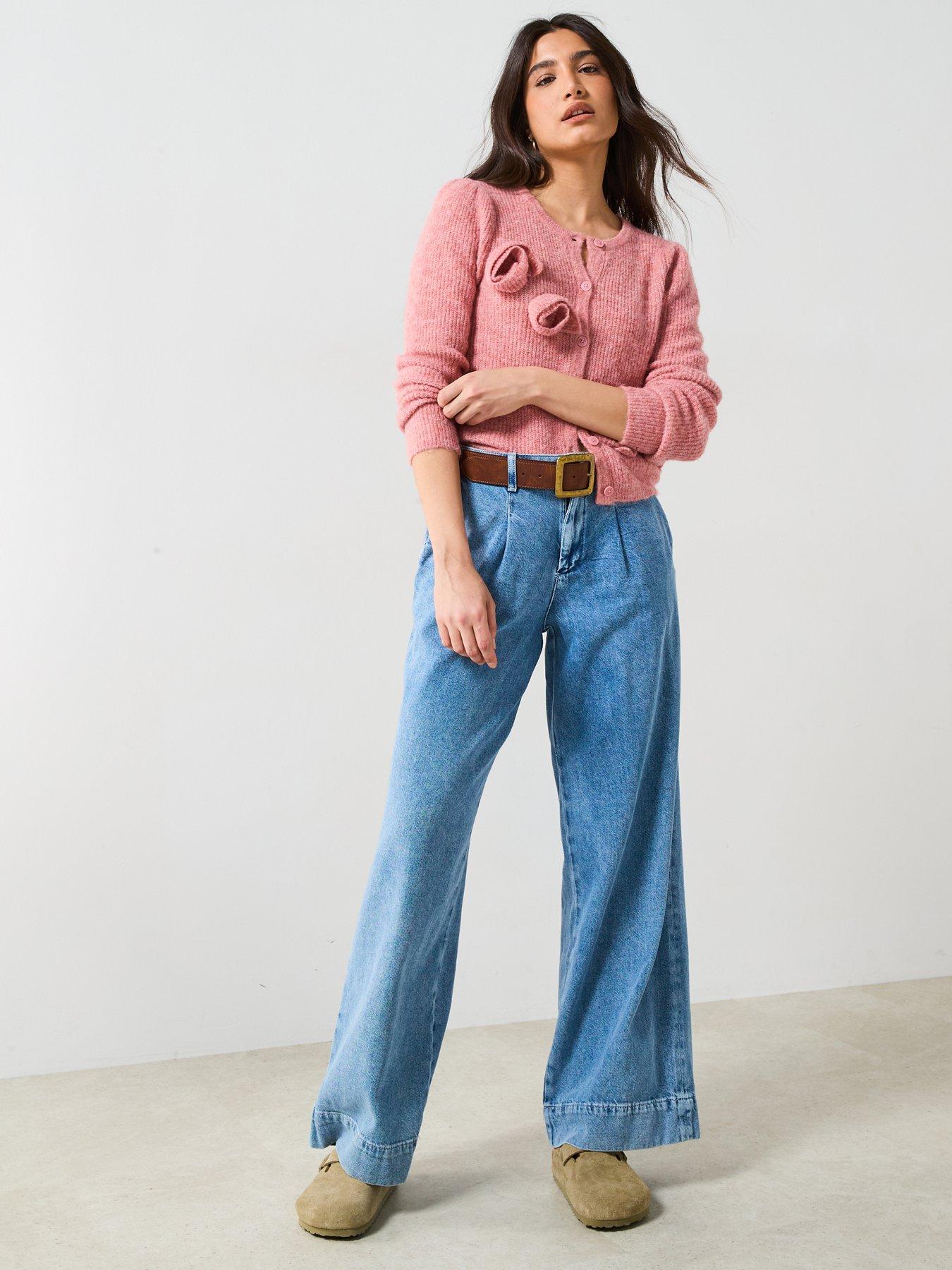  image of v-by-very-flower-applique-crew-neck-cardigan-with-wool-pink