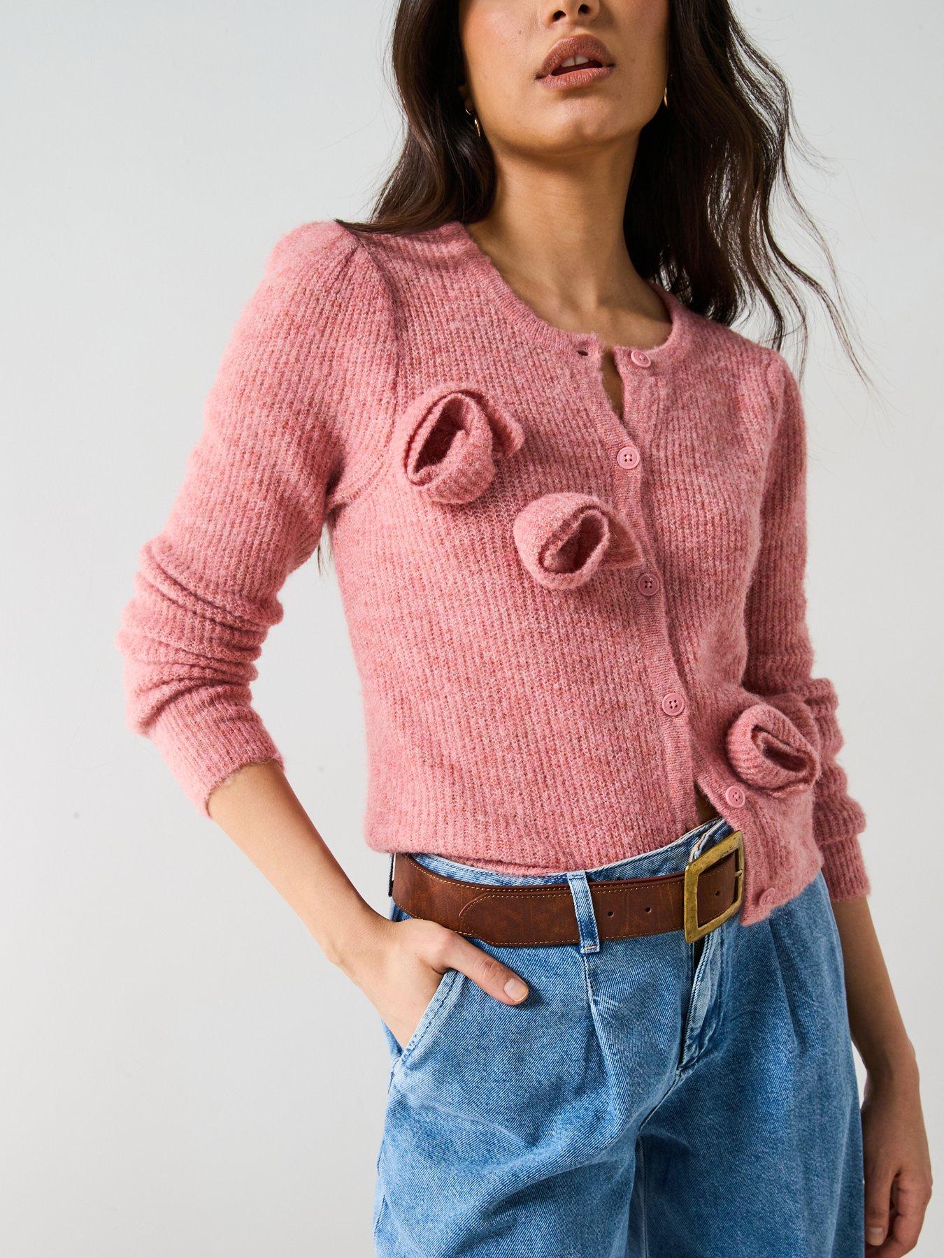  image of v-by-very-flower-applique-crew-neck-cardigan-with-wool-pink