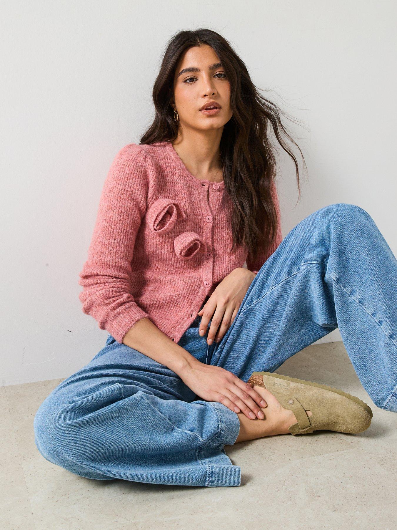  image of v-by-very-flower-applique-crew-neck-cardigan-with-wool-pink