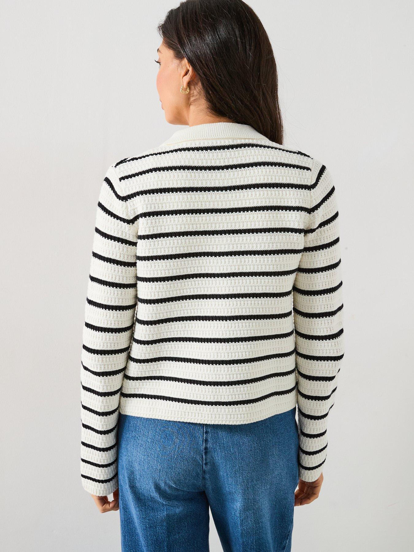  image of v-by-very-cotton-rich-textured-collared-striped-cardigan-mono
