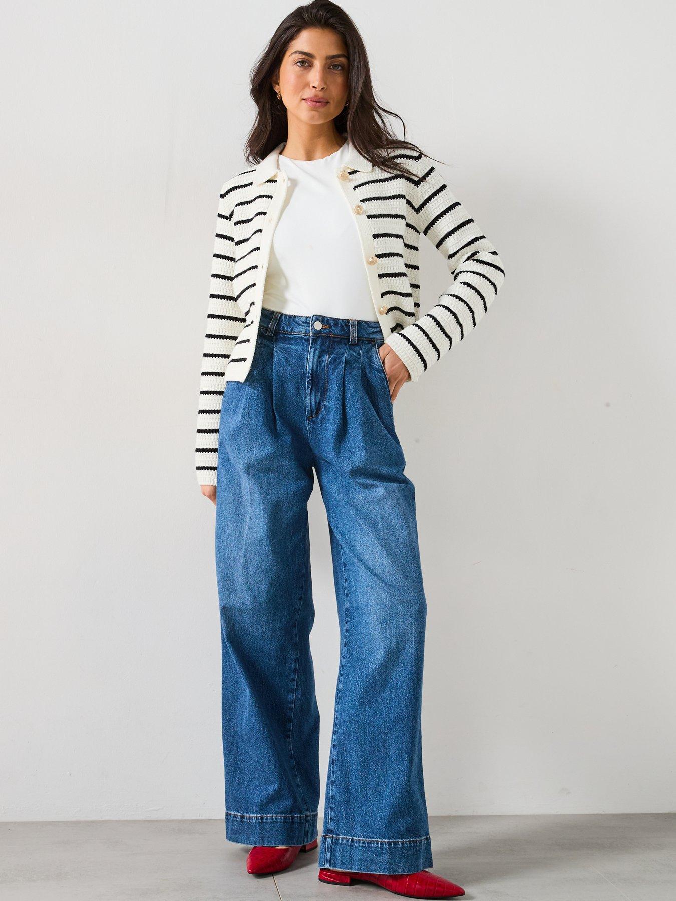  image of v-by-very-cotton-rich-textured-collared-striped-cardigan-mono