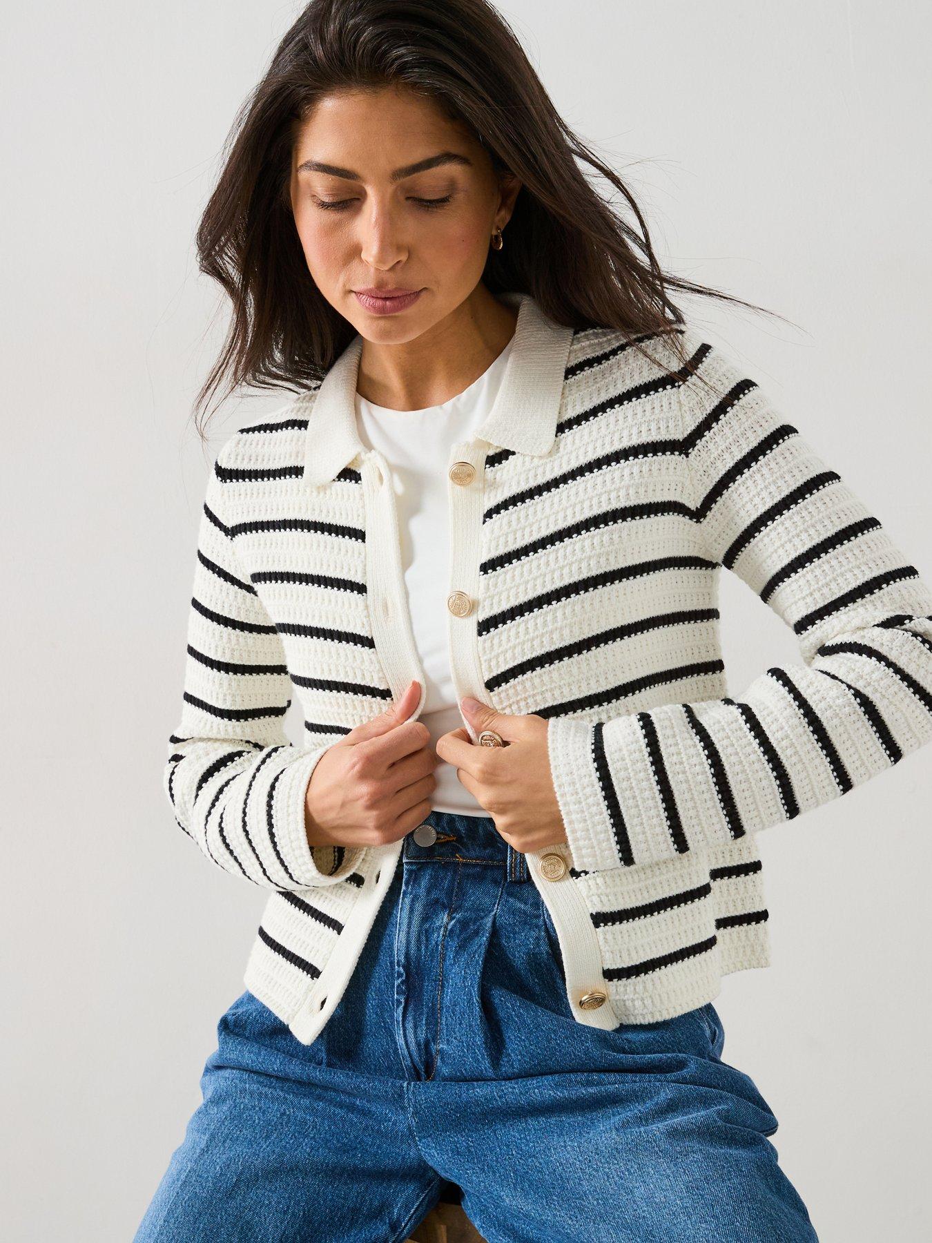  image of v-by-very-cotton-rich-textured-collared-striped-cardigan-mono
