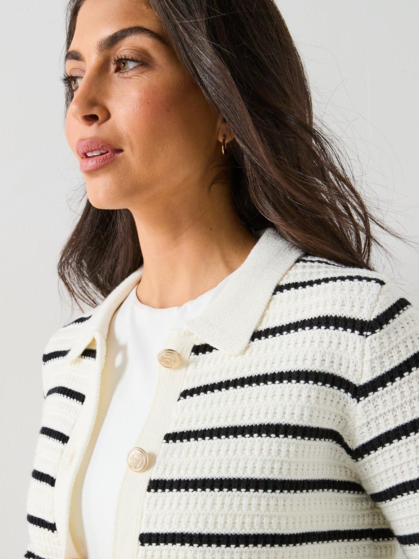  image of v-by-very-cotton-rich-textured-collared-striped-cardigan-mono